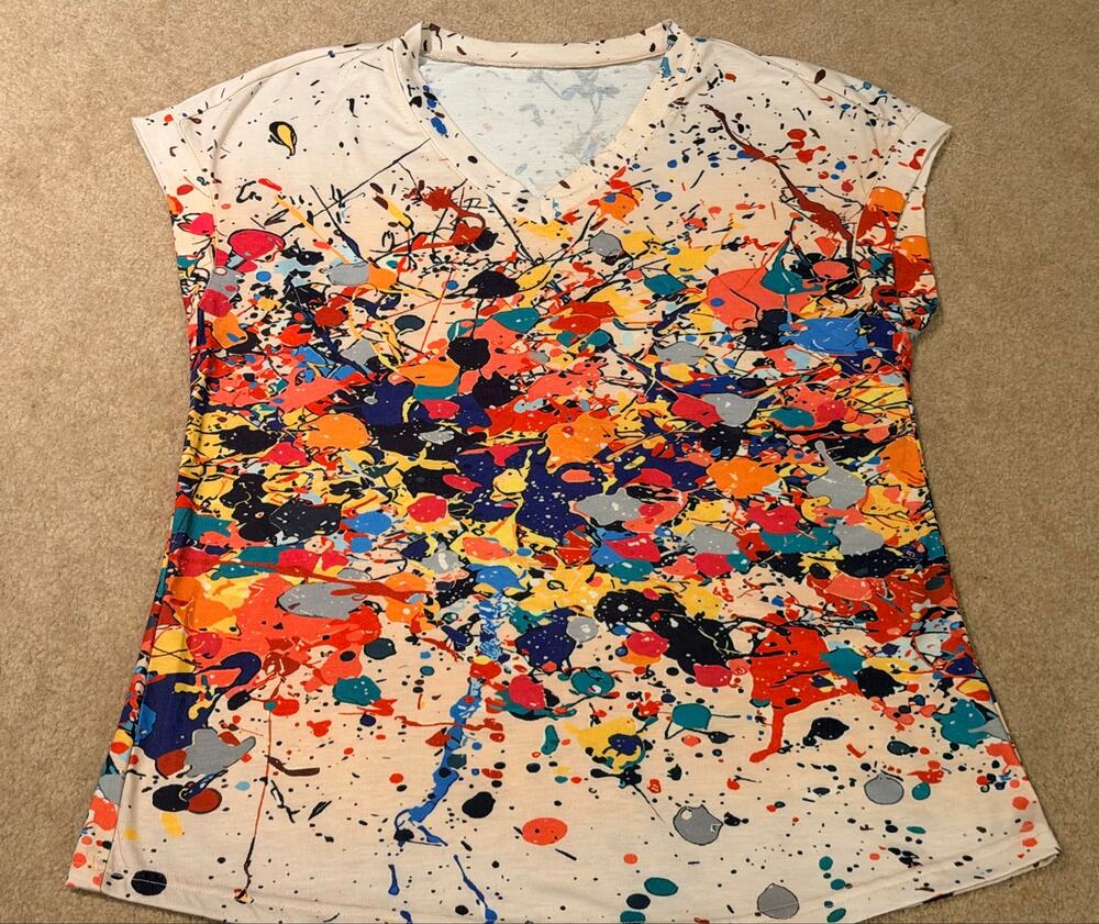 RAPBIN Women Small V-Neck Top T-Shirt Paint Splatter Multicolored Short Sleeve